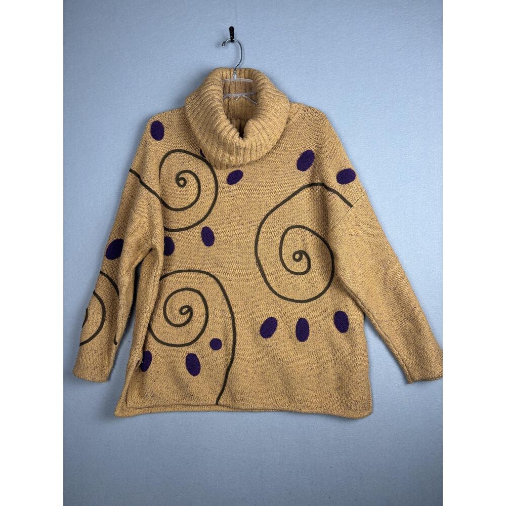 Animale Sweater Womens Small Tan Purple Swirl Turtleneck Silk Blend Pullover Top